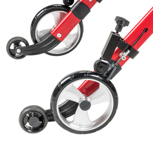 Close-up of a red scooter with black wheels on a white background - okotoks hc pharmacy