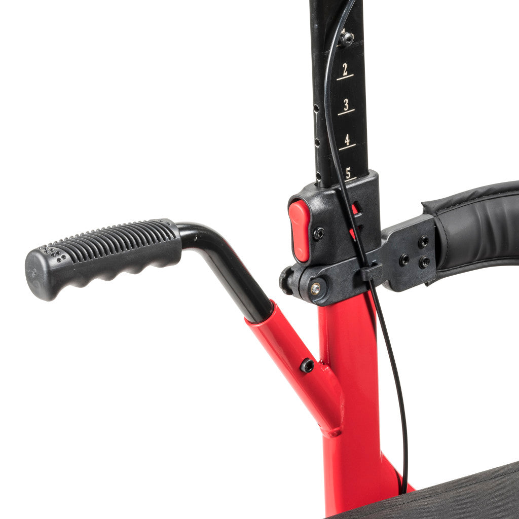 Close-up of a red scooter with black handlebars on a white background - okotoks hc pharmacy