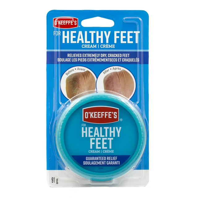 O'Keeffe's Healthy Feet Cream in its original blue blister packaging, showing the round teal container inside. - okotoks hc pharmacy