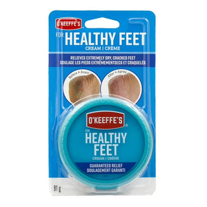 O'Keeffe's Healthy Feet Cream in its original blue blister packaging, showing the round teal container inside. - okotoks hc pharmacy