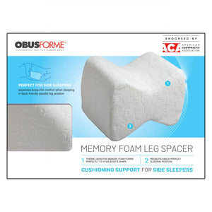Obusforme memory foam leg spacer packaging with text and illustrations on a white background - okotoks hc pharmacy