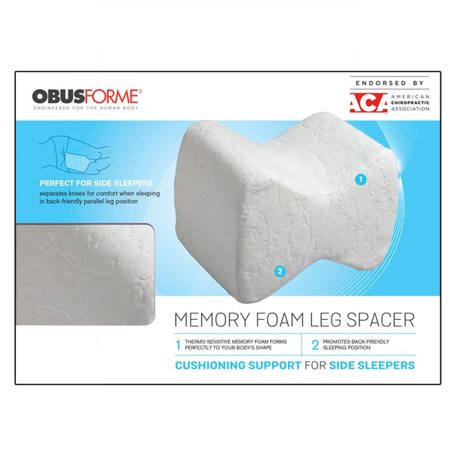 Obusforme memory foam leg spacer packaging with text and illustrations on a white background - okotoks hc pharmacy