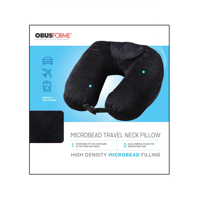 A boxed travel neck pillow product shot on a white background. The package shows a black U-shaped neck pillow, a small fabric swatch, and text reading 'OBUSFORME' and 'MICROBEAD TRAVEL NECK PILLOW' with 'HIGH DENSITY MICROBEAD FILLING'. - okotoks hc pharmacy