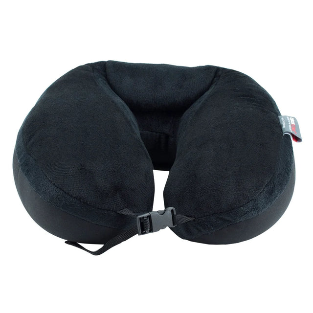 A black U-shaped travel neck pillow with a plush fabric texture and an adjustable strap with a plastic buckle, shown on a plain white background. - okotoks hc pharmacy