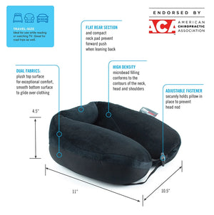 An infographic showing a black neck pillow with measurement callouts and feature labels, including 11" width, 10.5" depth, 4. - okotoks hc pharmacy