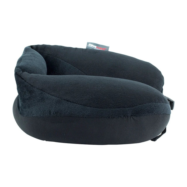 A black U-shaped travel neck pillow with a plush fleece texture, shown from a side profile view on a solid white background. A small brand tag for 'Casper' is visible near the top. - okotoks hc pharmacy