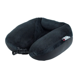 A black plush neck pillow with an adjustable black plastic buckle strap and a small red and white brand tag on the side, shown on a plain white background. - okotoks hc pharmacy