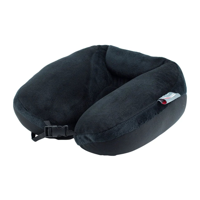 A black plush neck pillow with an adjustable black plastic buckle strap and a small red and white brand tag on the side, shown on a plain white background. - okotoks hc pharmacy