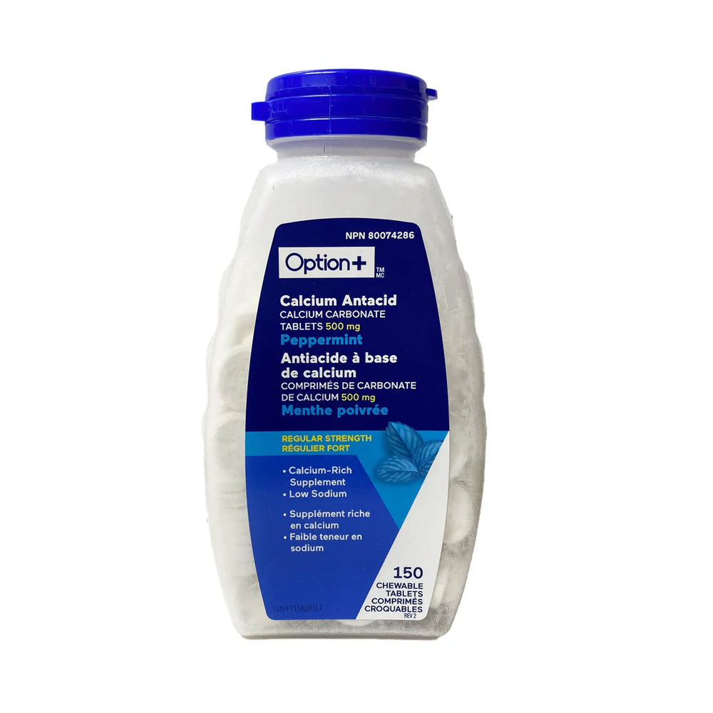 Bottle of Option+ Calcium Antacid on a white background - okotoks hc pharmacy