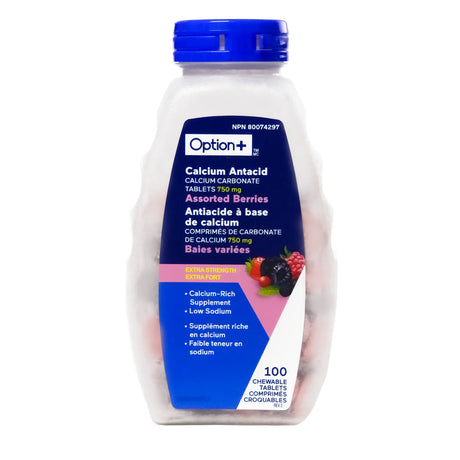 Bottle of Option+ Calcium Antacid with blue cap and label on a white background - okotoks hc pharmacy