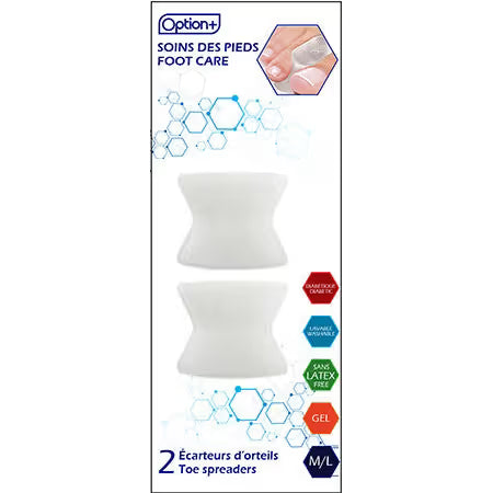 Toe spreaders with foot care branding and product details on a white background - okotoks hc pharmacy