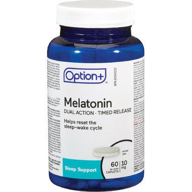 Bottle of Option+ Melatonin with blue and white label on a white background - okotoks hc pharmacy