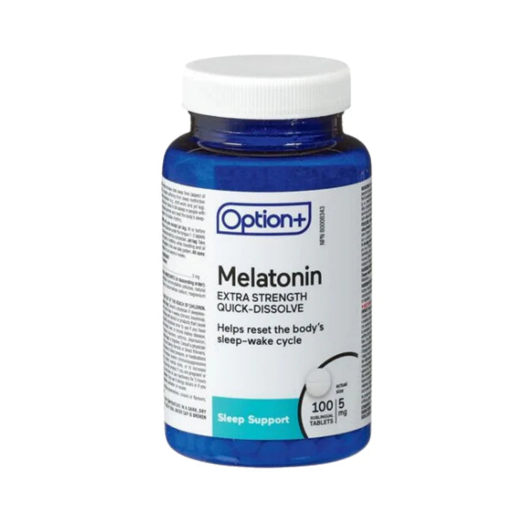 Bottle of Option+ Melatonin tablets on a white background - okotoks hc pharmacy