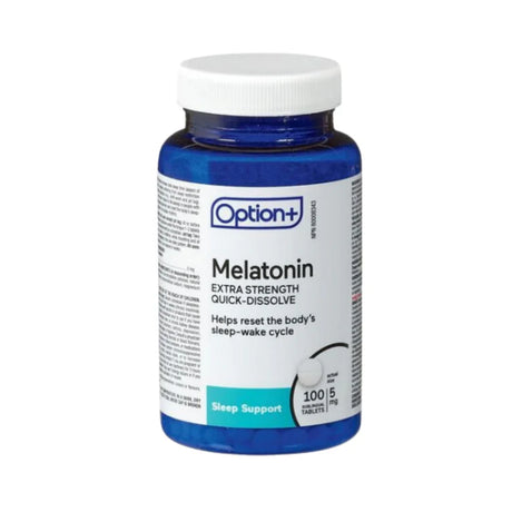 Bottle of Option+ Melatonin tablets on a white background - okotoks hc pharmacy
