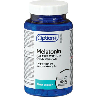 Bottle of Option+ Melatonin tablets on a white background - okotoks hc pharamcy