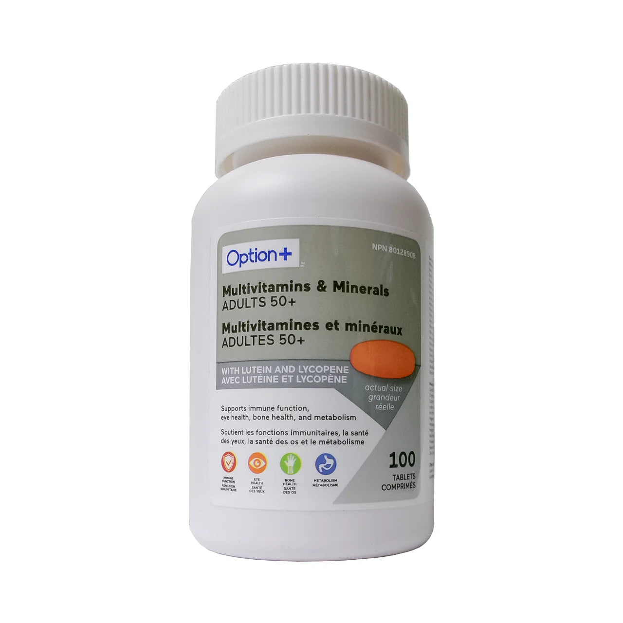 A white plastic bottle of Option+ Multivitamins & Minerals Adults 50+ dietary supplement, featuring a white ribbed cap and a gray label with multilingual text and a small orange accent. - okotoks hc pharmacy