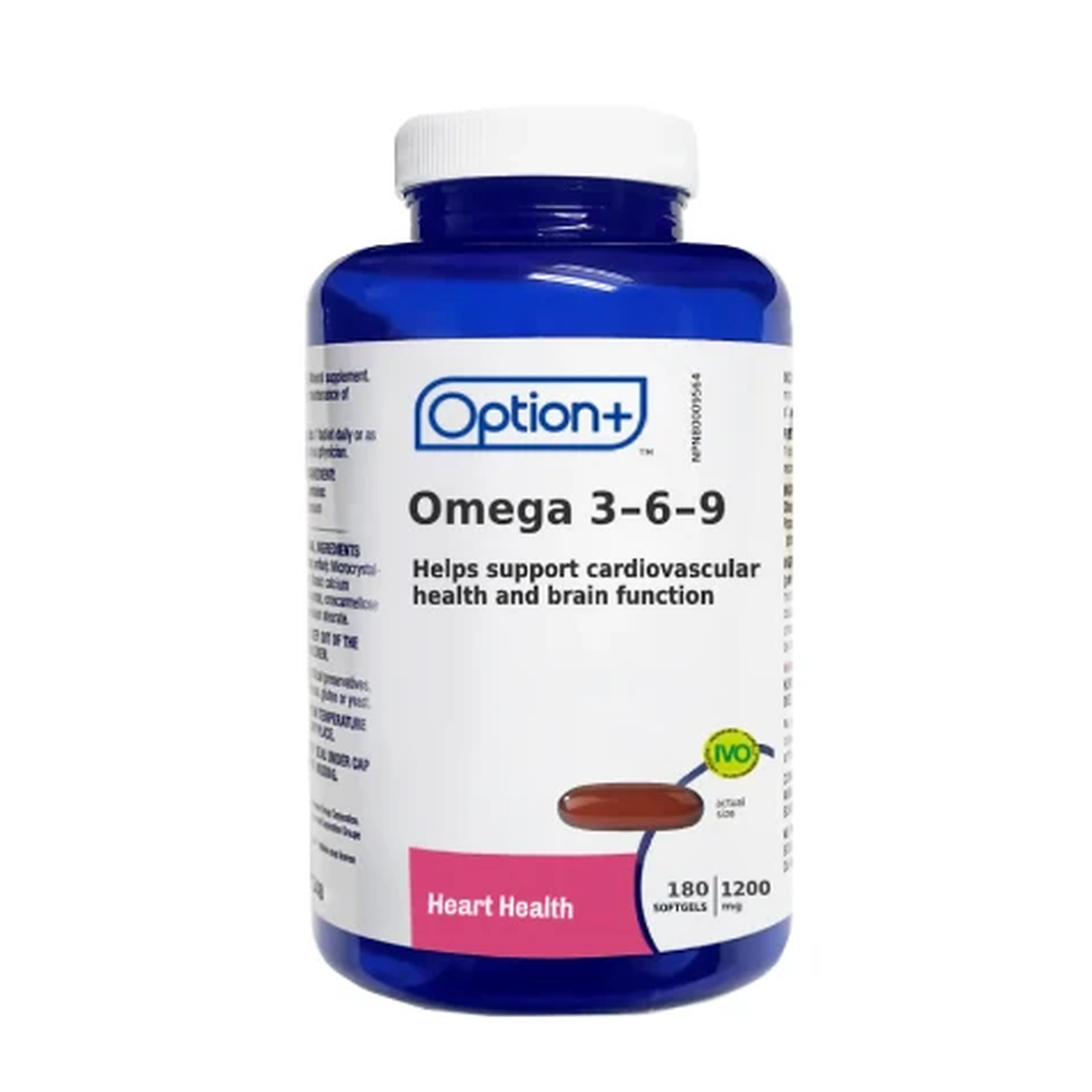 A blue plastic bottle of Option+ Omega 3-6-9 dietary supplements with a white cap and white label, on a plain white background. - okotoks hc pharmacy