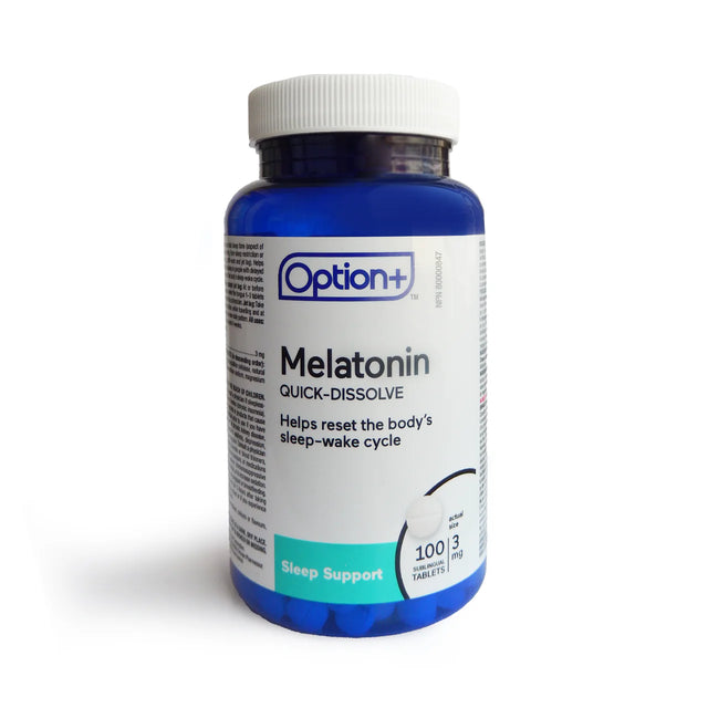 Bottle of Option+ Melatonin quick-dissolve tablets on a white background okotoks hc pharmacy