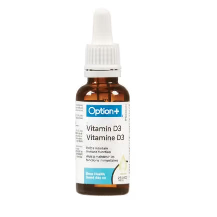 Vitamin D3 dropper bottle with Option+ label on a white background - okotoks hc pharmacy