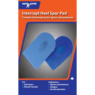 Blue heel spur pad packaging with text on a dark background - okotoks hc pharmacy