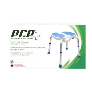 Stool with blue seat and legs on a white background, featuring 'Personal Care Products' branding. - okotoks hc pharmacy