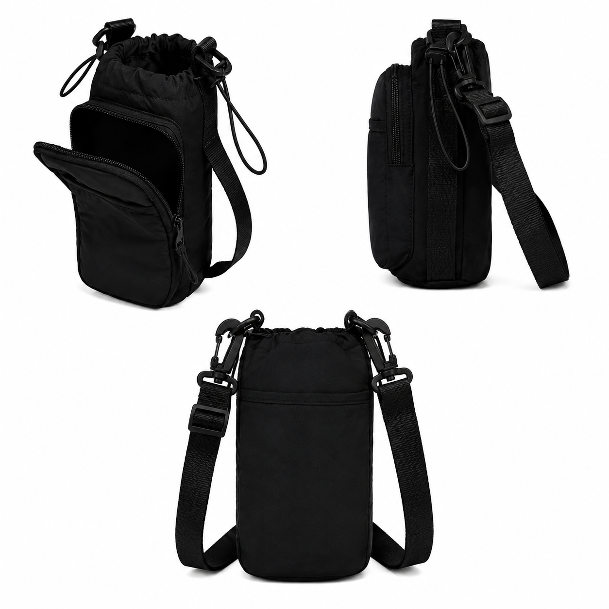 Black crossbody bag shown from multiple angles on a white background - okotoks hc pharmacy