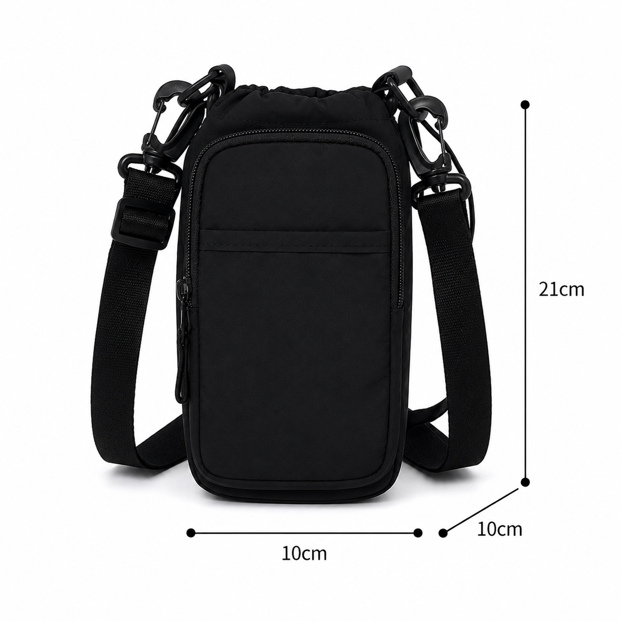 Black crossbody bag with measurements on a white background - okotoks hc pharmacy
