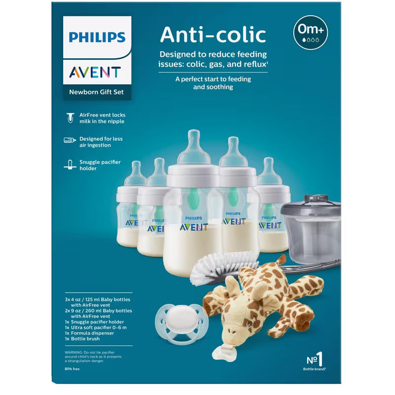 Philips Avent Anti-colic Newborn Gift Set packaging with bottles and accessories on a blue background - okotoks hc pharmacy