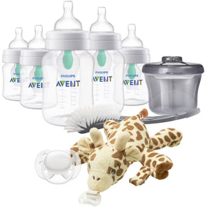 Philips Avent baby bottles, pacifier, and plush giraffe on a white background - okotoks hc pharmacy