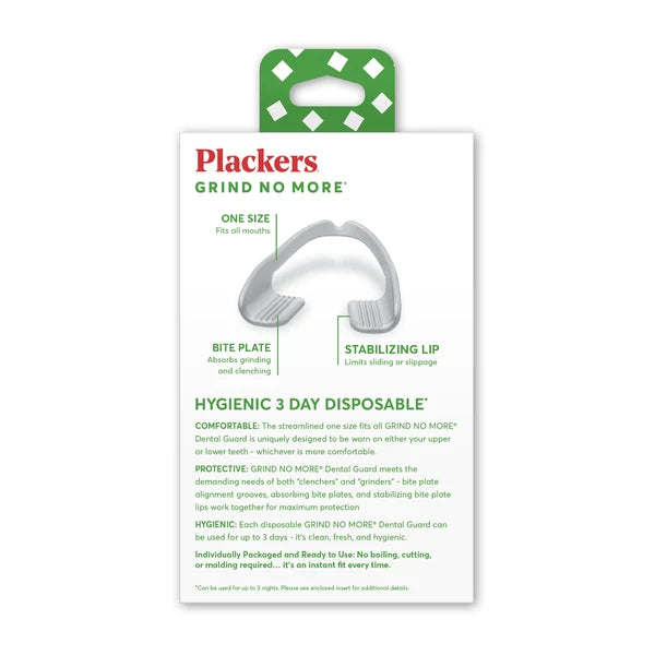 Plackers Grind No More Hygienic 3 Day Disposable dental guard packaging card, showing the product's green and white branding, a graphic of the curved dental guard, and detailed product information. - okotoks hc pharmacy