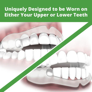 Promotional graphic for a clear dental mouthpiece showing two views of the transparent device worn over teeth, with a green banner at the top reading 'Uniquely Designed to be Worn on Either Your Upper or Lower Teeth'. - okotoks hc pharmacy