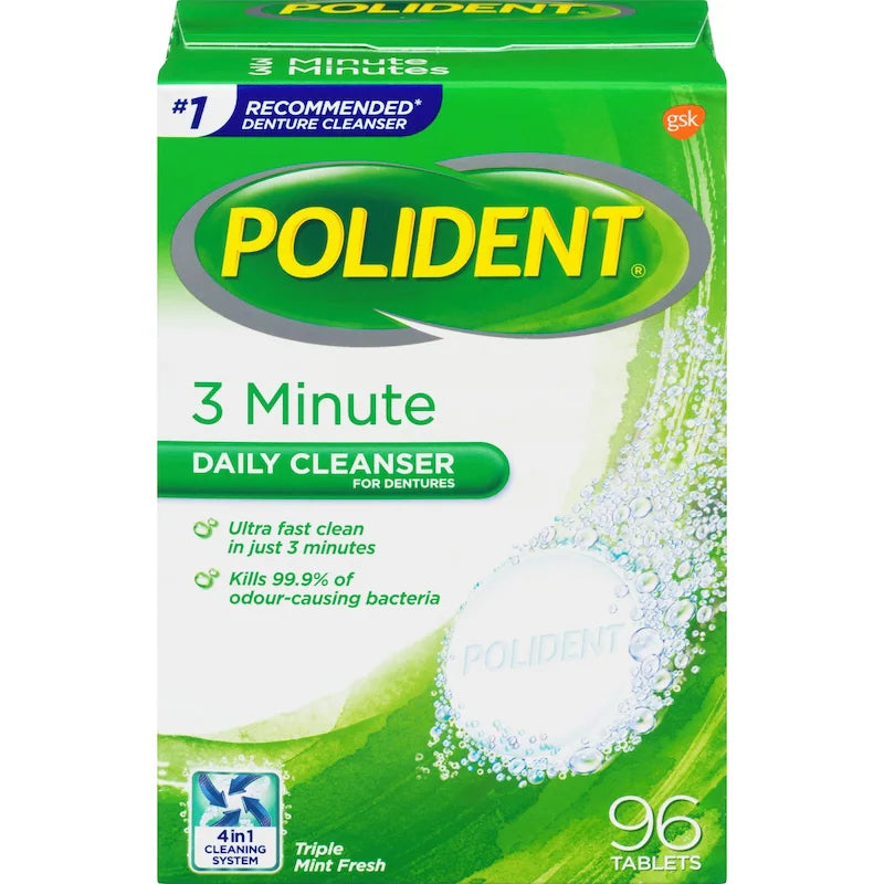 Polident 3 Minute Daily Cleanser for dentures in Mint Fresh flavor, 96 tablets, in a green and white box with a blue and white graphic of a tooth cleaning bubble. - okotoks hc pharmacy