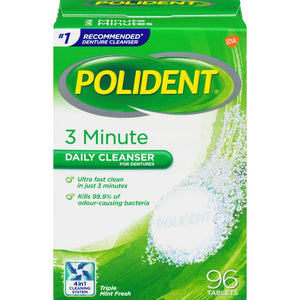 Polident 3 Minute Daily Cleanser for dentures in Mint Fresh flavor, 96 tablets, in a green and white box with a blue and white graphic of a tooth cleaning bubble. - okotoks hc pharmacy