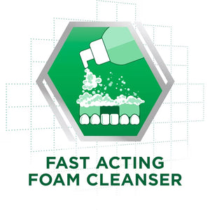 A green and white graphic icon showing a toothbrush with foam and a bottle pouring foam, with the text 'FAST ACTING FOAM CLEANSER' below on a white background. - okotoks hc pharmacy