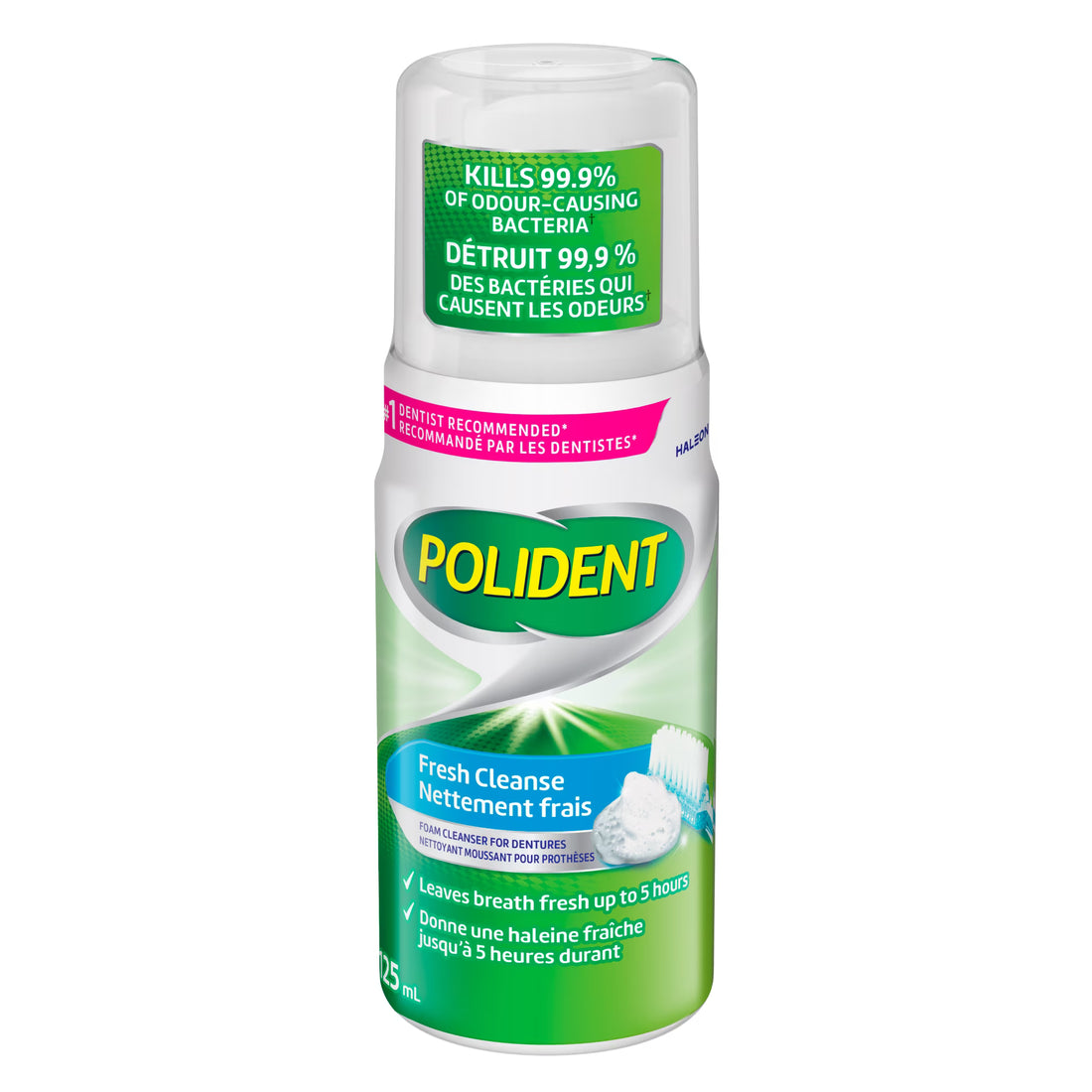 A 125 ml canister of Polident Fresh Cleanse, featuring a white and green design with a pink recommendation band and yellow brand logo. - okotoks hc pharmacy