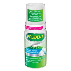 A 125 ml canister of Polident Fresh Cleanse, featuring a white and green design with a pink recommendation band and yellow brand logo. - okotoks hc pharmacy