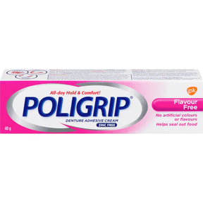A 40g tube of POLIGRIP Flavour Free Denture Adhesive Cream, featuring a white and pink design with blue branding text. - okotoks hc pharmacy