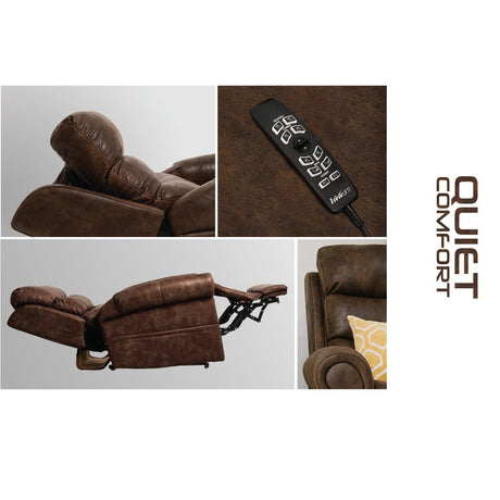 Brown recliner sofa with remote control on a white background, featuring the 'Quiet Comfort' brand. - okotoks hc pharmacy