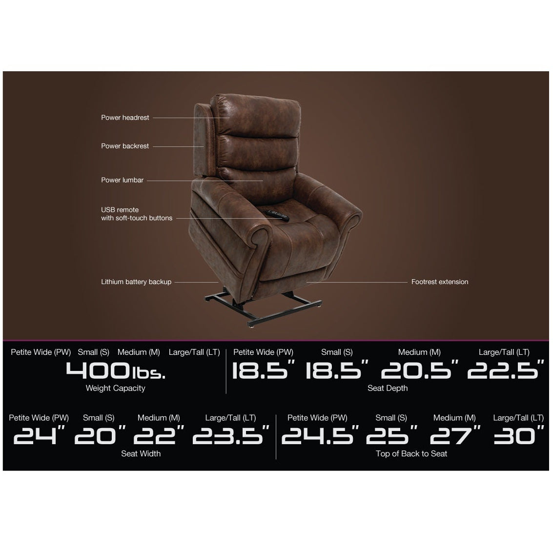 Brown recliner chair with feature diagram on a white background - okotoks hc pharmacy