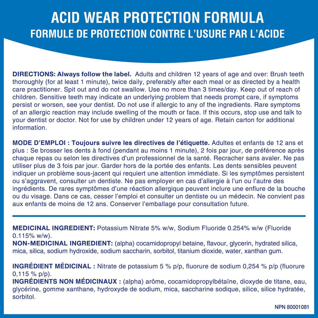 A French product information sheet for 'Acid Wear Protection Formula' showing the product name, directions, mode d'emploi, ingredients, and a white background with black text. - okotoks hc pharmacy