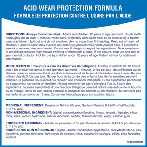 A French product information sheet for 'Acid Wear Protection Formula' showing the product name, directions, mode d'emploi, ingredients, and a white background with black text. - okotoks hc pharmacy