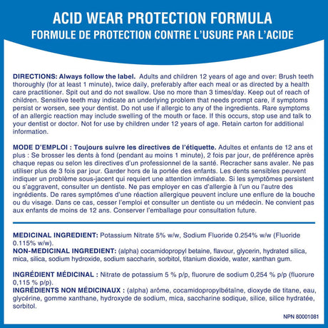 A French product information sheet for 'Acid Wear Protection Formula' showing the product name, directions, mode d'emploi, ingredients, and a white background with black text. - okotoks hc pharmacy