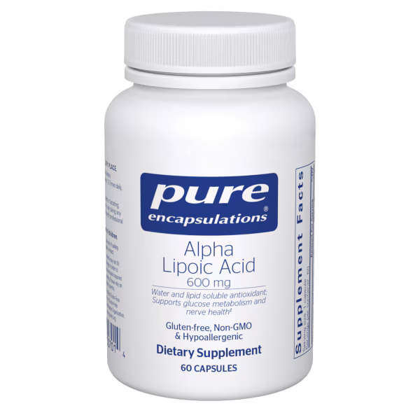 Supplement bottle labeled 'pure encapsulations Alpha Lipoic Acid' on a white background - Okotoks HC Pharmacy