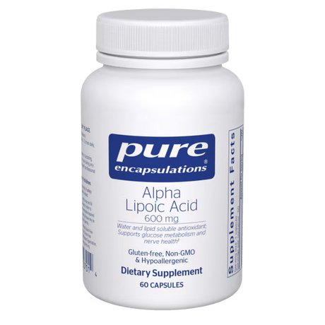 Supplement bottle labeled 'pure encapsulations Alpha Lipoic Acid' on a white background - Okotoks HC Pharmacy