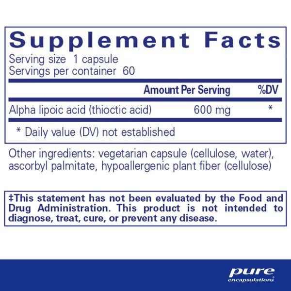 Supplement facts label for a product containing alpha lipoic acid with pure encapsulations branding. - Okotoks HC Pharmacy