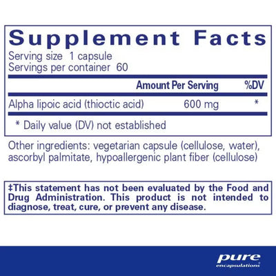 Supplement facts label for a product containing alpha lipoic acid with pure encapsulations branding. - Okotoks HC Pharmacy