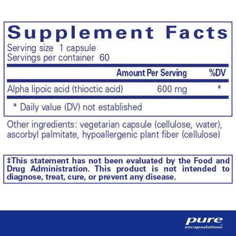 Supplement facts label for a product containing alpha lipoic acid with pure encapsulations branding. - Okotoks HC Pharmacy