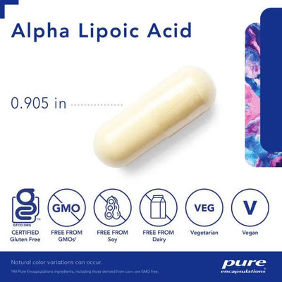 Alpha Lipoic Acid supplement capsule with certification icons and product details on a white background. - Okotoks HC Pharmacy