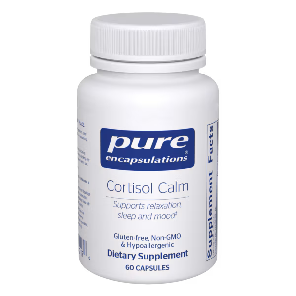 White supplement bottle labeled 'pure encapsulations Cortisol Calm' on a white background - Okotoks HC Pharmacy