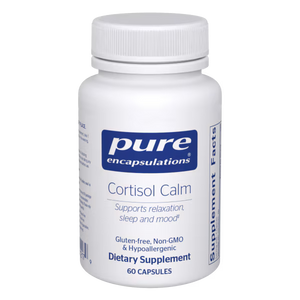 White supplement bottle labeled 'pure encapsulations Cortisol Calm' on a white background - Okotoks HC Pharmacy